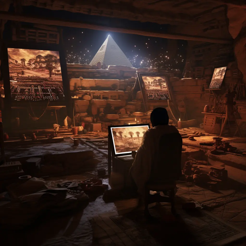 Person watching archaeological movie in dim room surrounded by ancient artifacts and maps.