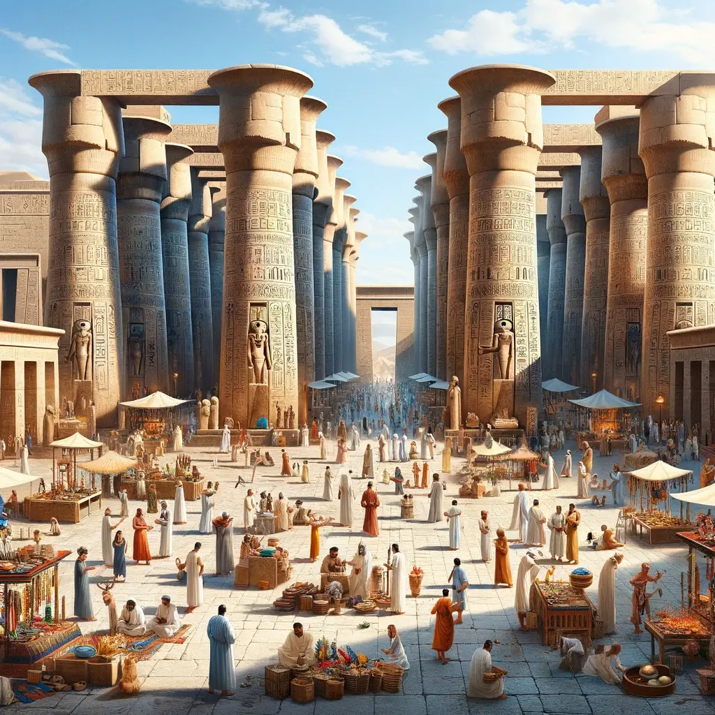 A bustling ancient Egyptian temple complex at the peak of a religious festival. The scene is filled with vibrant market stalls, priests performing rituals
