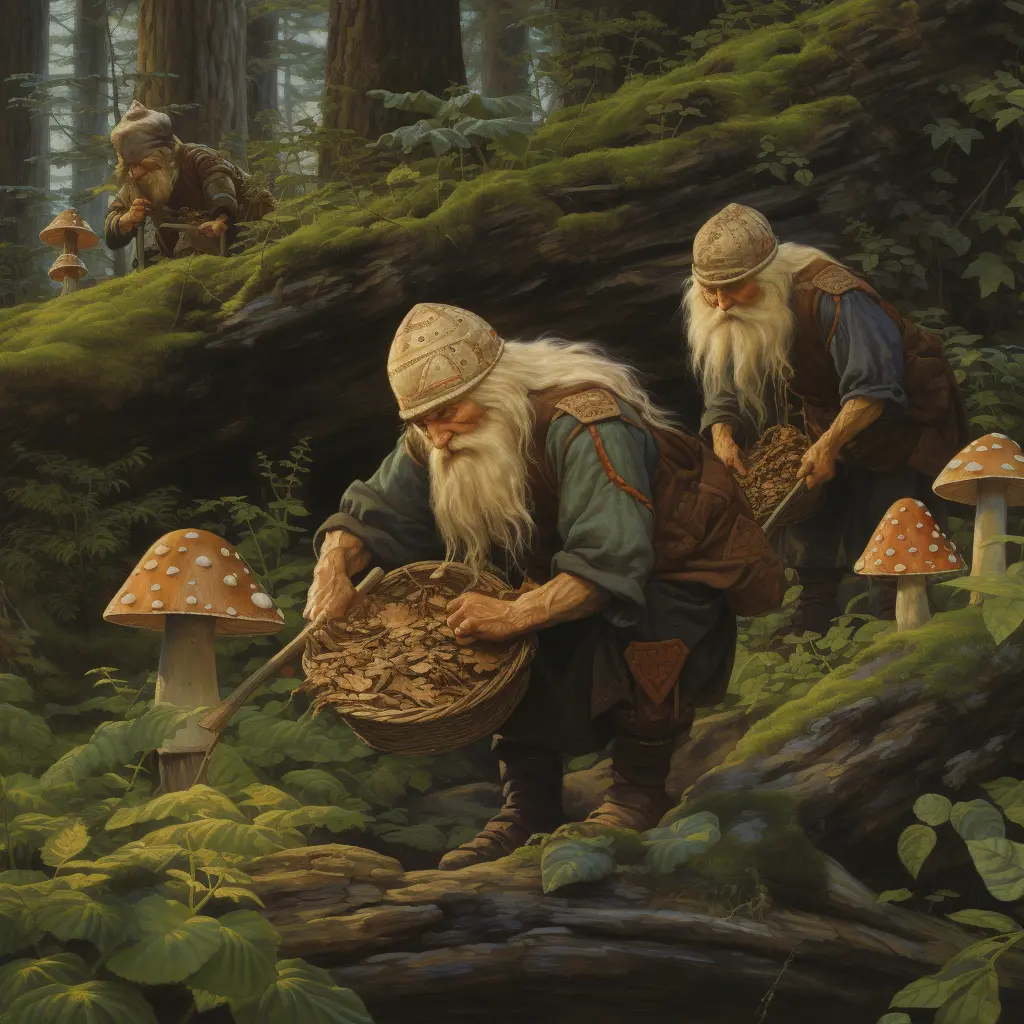 A group of Vikings picking mushrooms in a green forest