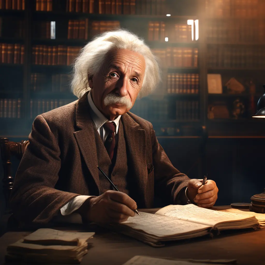 Albert Einstein sitting thoughtfully at his desk, surrounded by scientific papers and books, with a blackboard of equations in the background, highlighting his iconic white hair and deep, contemplative gaze.