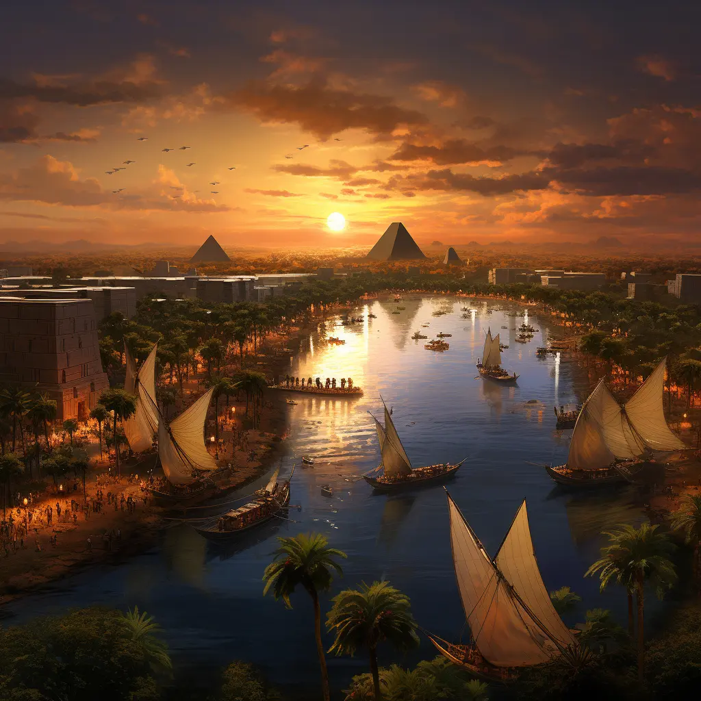 Sunset over the Nile with Pyramids, Ancient Egyptian Agriculture, and Felucca Boat.