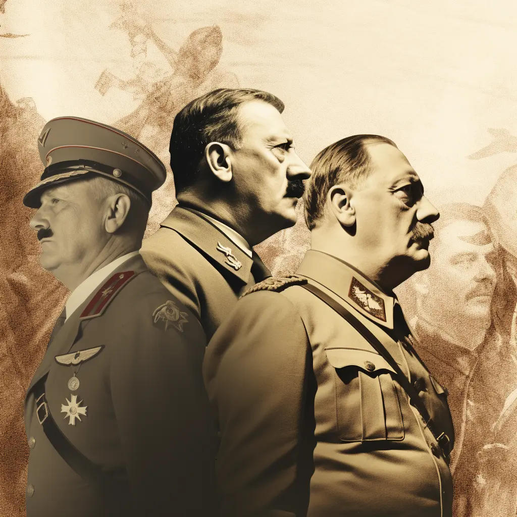 Side profiles of Joseph Stalin, Adolf Hitler, and Benito Mussolini in sepia tones, with faint historical imagery in the background.