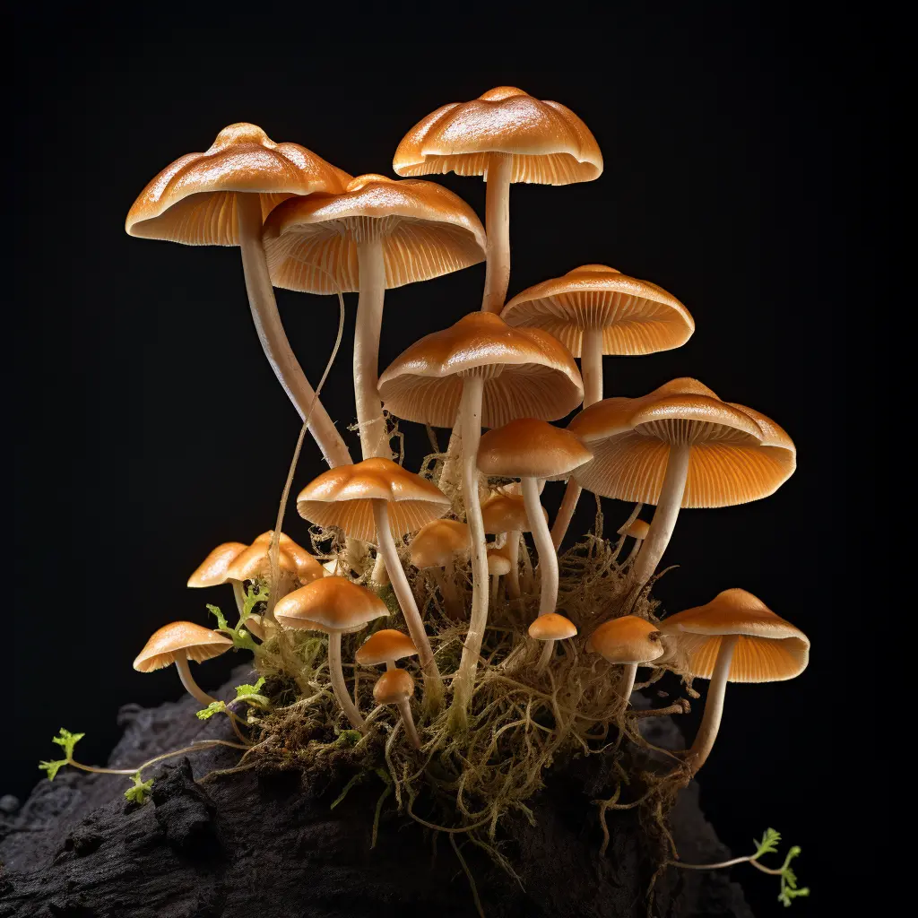 A Psilocybe_genus mushroom with a black background