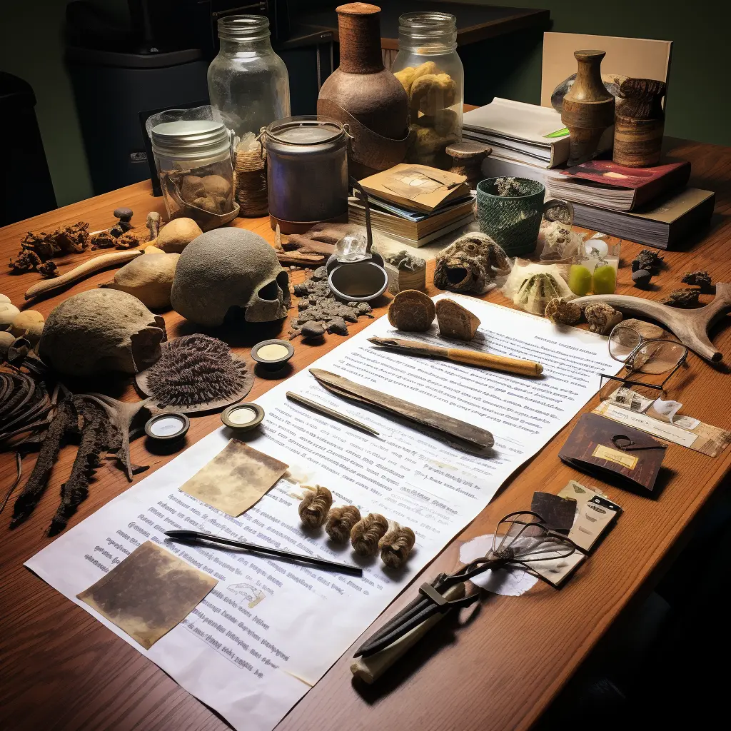 Archaeologist's work table laden with ecofacts, including seeds, bones, and shells, at an excavation site, accompanied by journals, a magnifying glass, and site maps, conveying the study of ancient human-environment interactions.