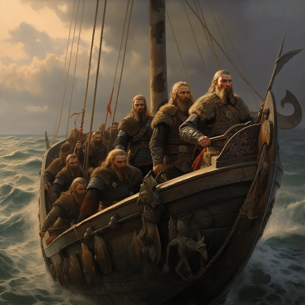A group of vikings sailing a ship