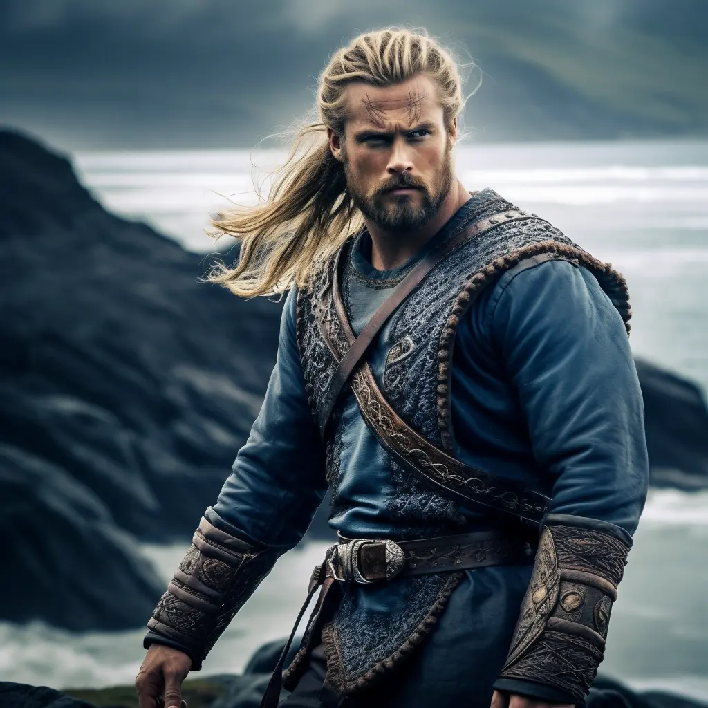 a Viking individual, showcasing physical traits. The figure should be tall and muscular with long, braided blond hair, and striking blue eyes. Wearing traditional Viking clothing