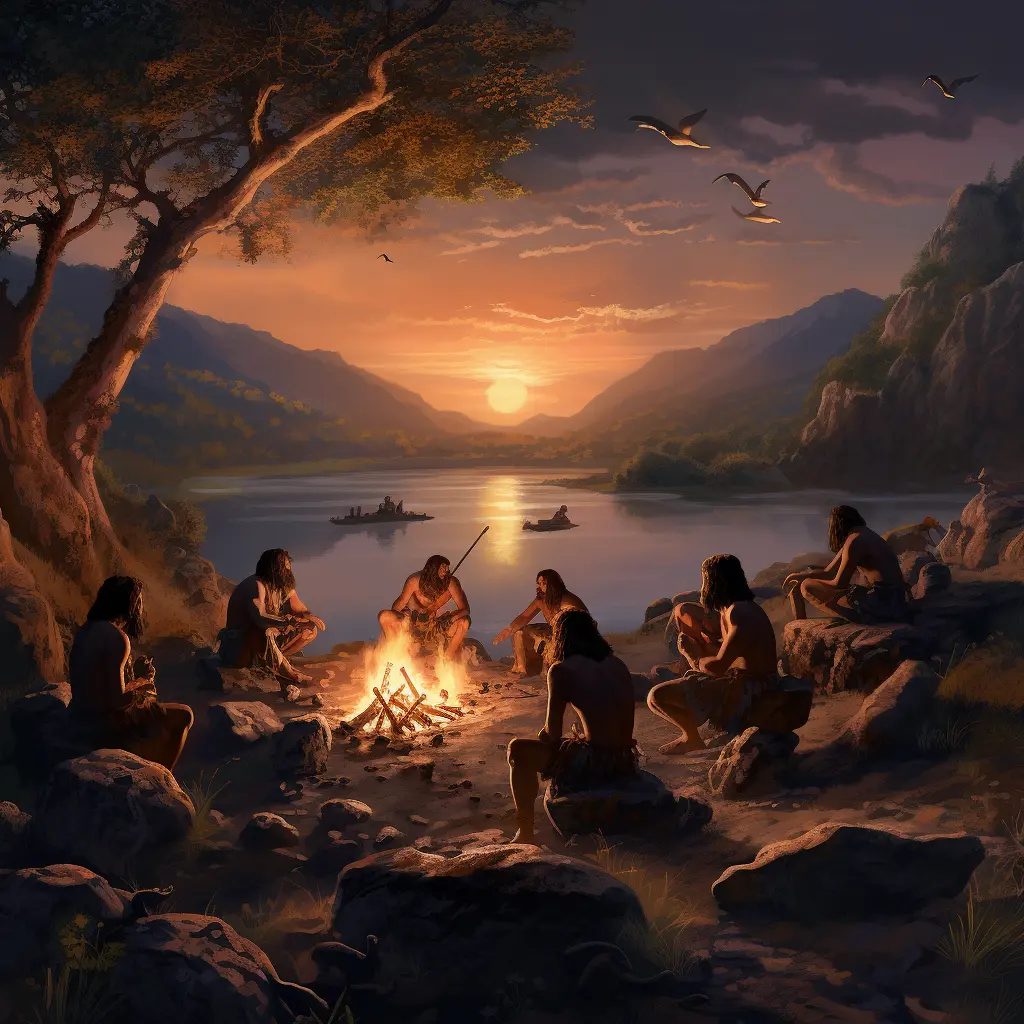 Early humans gathered around a campfire with handcrafted stone tools, against a backdrop of a Pleistocene epoch landscape with a river and distant wildlife.