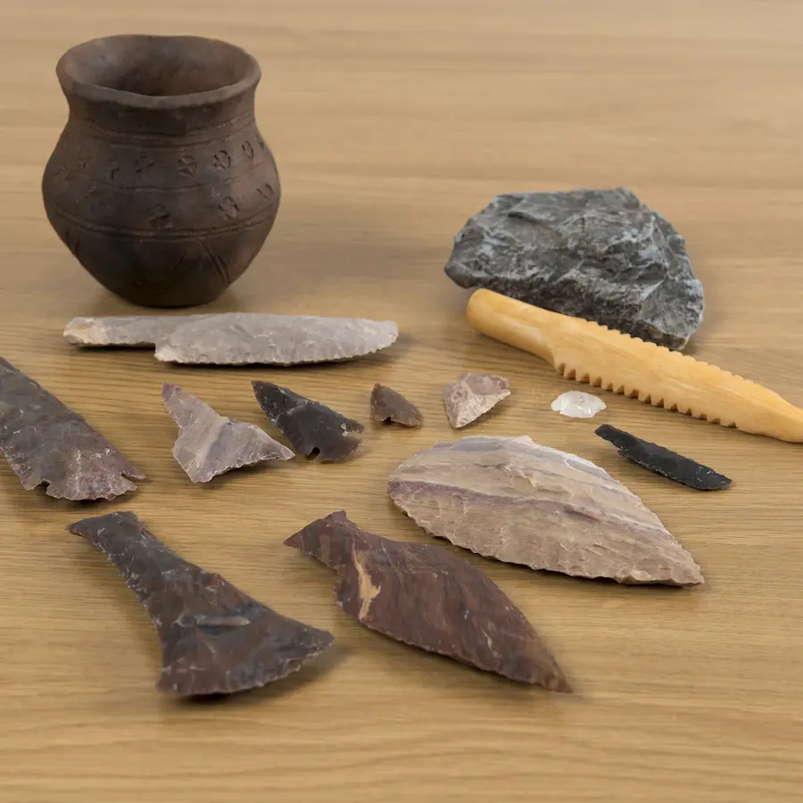 Diverse Paleolithic stone tools displayed.